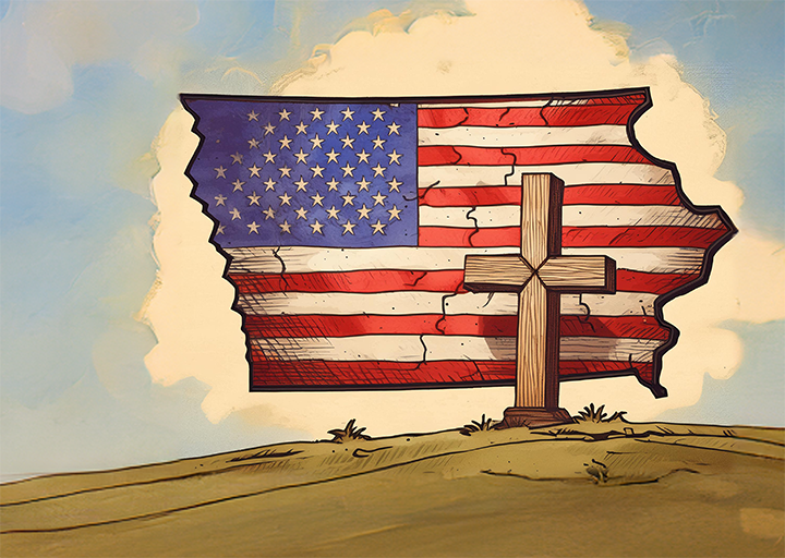 Crucifix on the Iowa prairie with an American flag